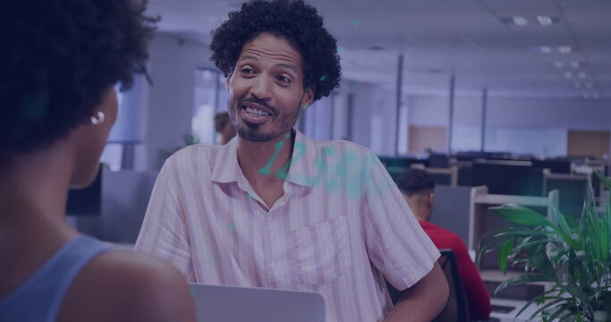 Image of financial data processing over diverse colleagues discussing work in office