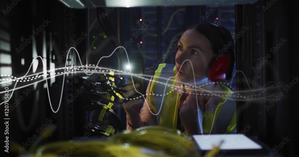 Poster image of digital data processing over it caucasian female technician computer servers