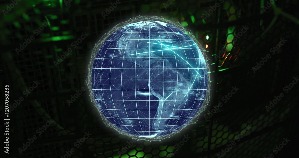 Poster image of digital data processing with globe over computer servers