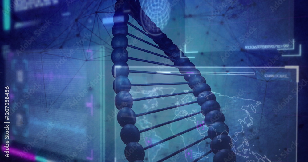 Poster image of dna strand and network of connections over data processing on blue background