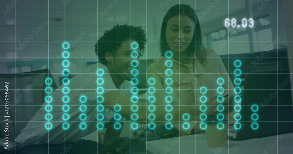 Poster image of financial data processing over diverse colleagues discussing work in office