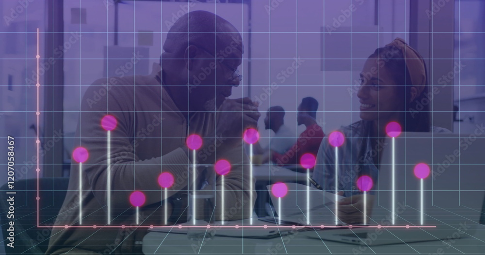 Poster image of financial data processing over diverse colleagues discussing work in office