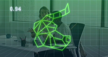 Image of financial data processing and bull over diverse colleagues working in office