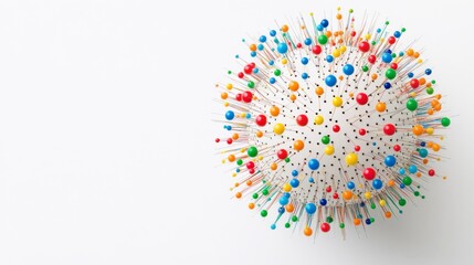 Abstract large spheres made of multicolored pins and threads on a white background