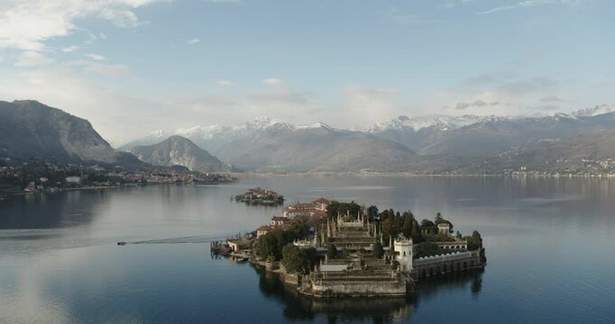 Aerial view of island and mountains, isola Bella, lake Maggiore, Piedmont, Italy