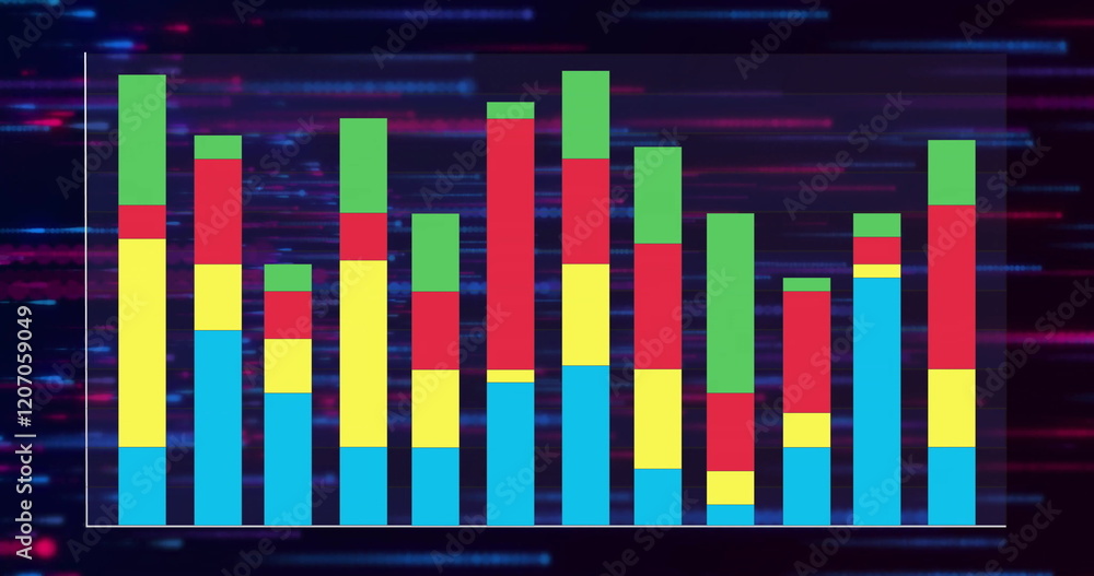 Poster colorful bar graph image over fast-moving digital data lines in blue and red