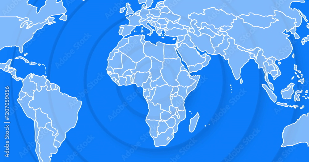 Poster world map image with country borders over blue background with concentric circles