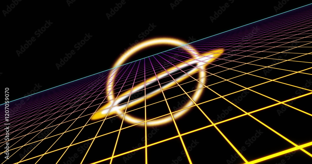 Poster glowing ring and grid image over dark background with neon lines