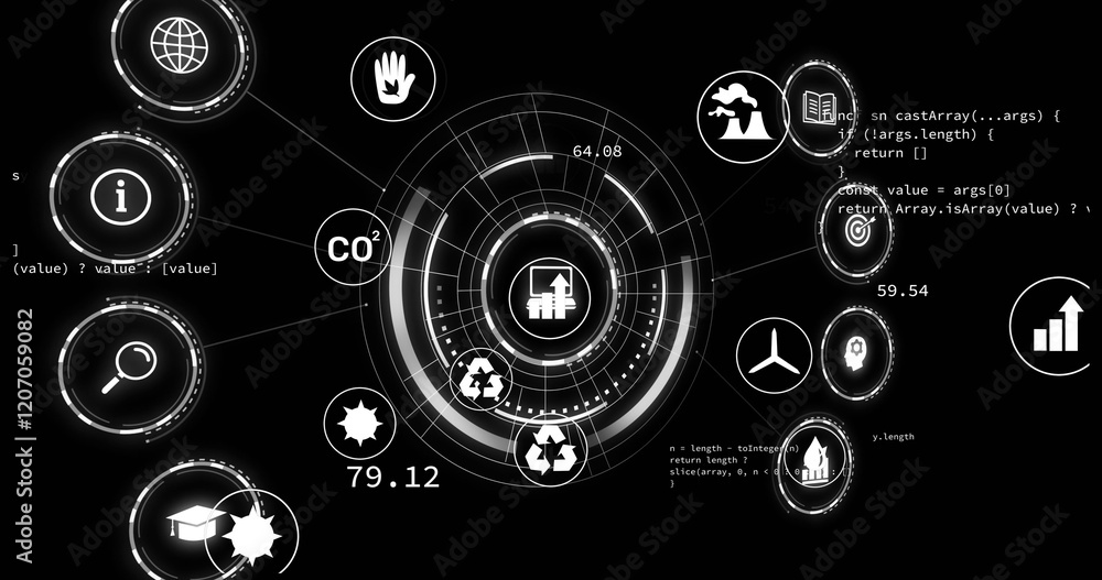 Poster circular data visualization with environmental icons and coding image over black background