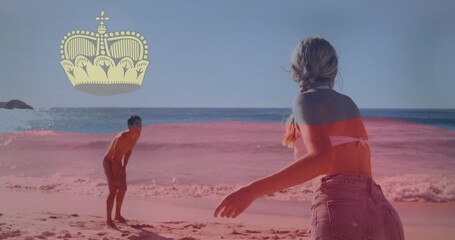 Playing beach volleyball, people enjoying sunny day with crown over liechtenstein flag image