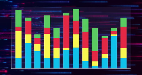 Obraz premium Colorful bar graph image over fast-moving digital data lines in blue and red