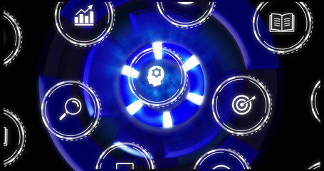 Rotating blue and white gears image over business and technology icons