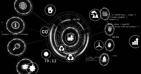 Obraz premium Circular data visualization with environmental icons and coding image over black background