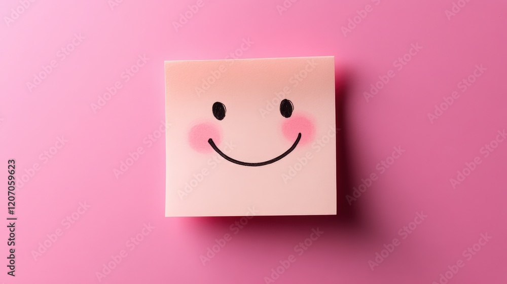 Poster cheerful sticky note with a smiling face drawing on a soft pink background for creative expressions 