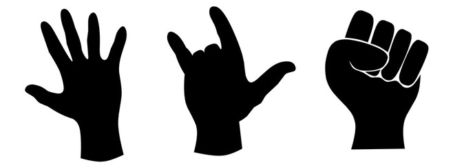 Hand gesture silhouette. Cartoon human sign, peace, okay, call position. Set of flat vector illustrations of palm gestures Vector collection of human hands with various gestures, Black hand silhouette