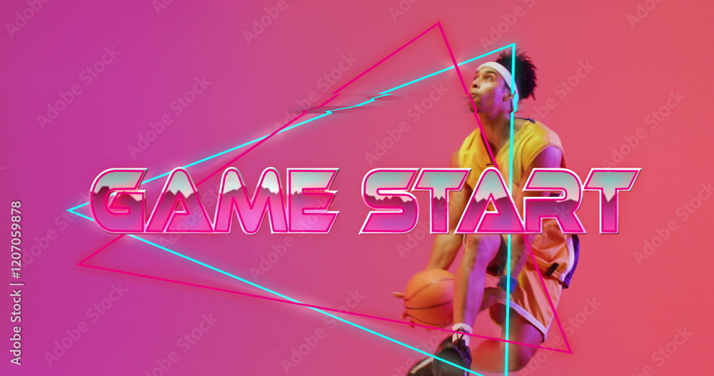 Poster game start text image over neon geometric shapes and person in background