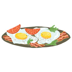 Scrambled eggs with bacon and tomato slices on a plate. Colorful hand drawn illustration, vector
