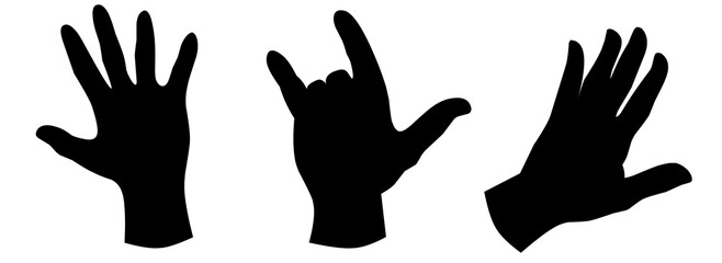 A series of black hand gestures on a white background. Silhouette of palm, thumbs up and rock and roll symbol. Creative abstraction with movement.