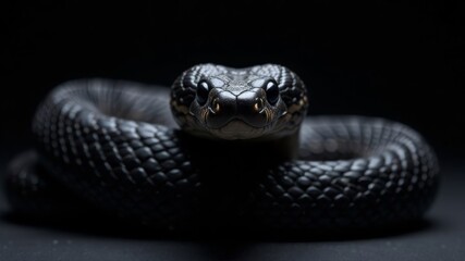 Naklejka premium black dangerous snake looking at camera on dark background