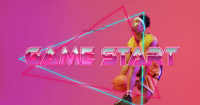 Game Start text image over neon geometric shapes and person in background - Powered by Adobe