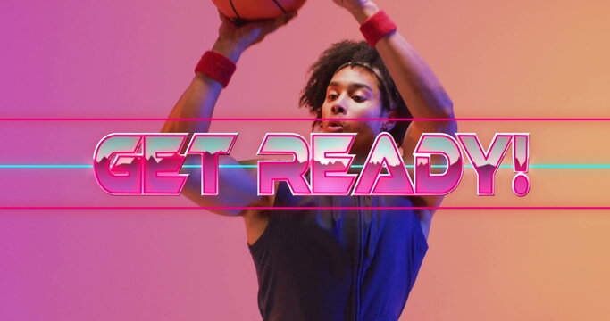 Get Ready text image over person in hoodie with colorful background