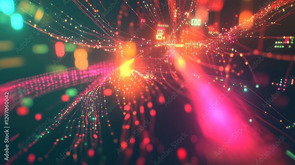 Poster a glowing financial network with rising data points and abstract symbols, symbolizing the interconne