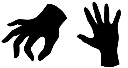 Obraz premium A series of black hand gestures on a white background. Silhouette of palm, thumbs up and rock and roll symbol. Creative abstraction with movement.