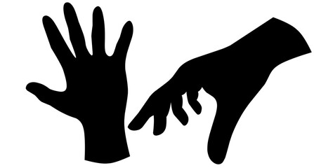 A series of black hand gestures on a white background. Silhouette of palm, thumbs up and rock and roll symbol. Creative abstraction with movement.