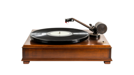 A vintage record player with a black vinyl record, showcasing classic design and craftsmanship.