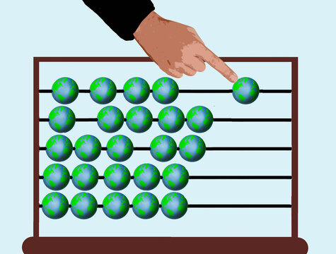 Concept illustration of a hand moving worlds along an abacus