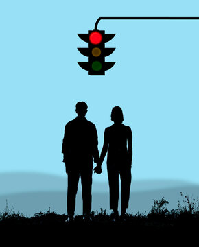 Concept illustration of a couple standing in front of a red traffic light
