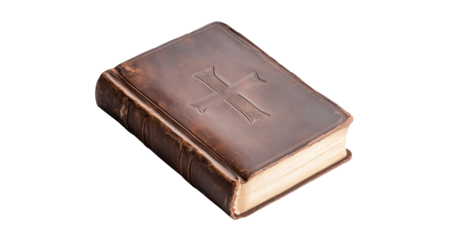 A vintage leather-bound book with embossed designs on the cover, showcasing a classic, worn appearance.