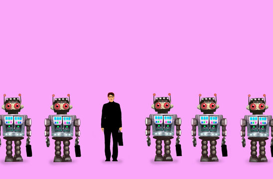 Concept illustration of a businessman standing in a line of identical robots