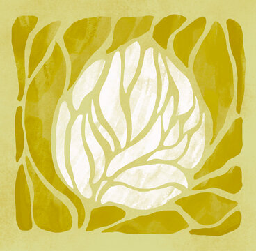 Abstract floral illustration with stained glass effect in green and yellow tones