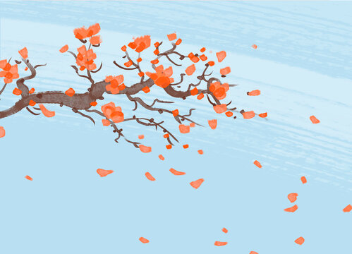 Abstract illustration of cherry blossoms on a branch with petals falling