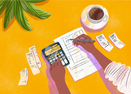 Illustration of accounting with calculator, documents, and coffee on a desk