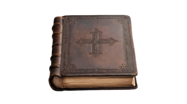 A vintage leather-bound book with ornate detailing and a cross emblem on the cover.