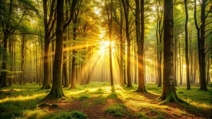 Fototapeta premium A tranquil forest bathed in golden light awaits the coming night with an air of mystery and intrigue, landscape, mysterious, golden light, nocturnal, forest