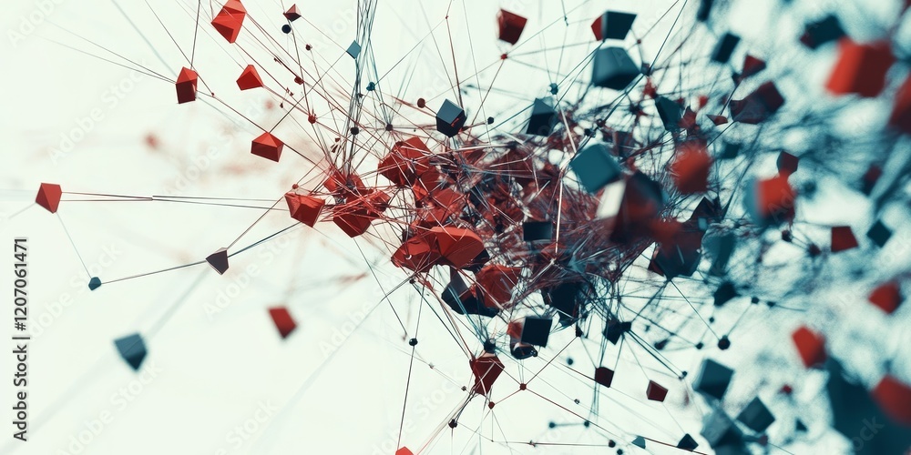 Poster Abstract 3D network of connected red and gray cubes.
