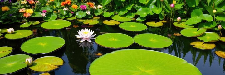 A tranquil pond with lily pads and water lilies surrounded by lush greenery and vibrant flowers, calmness, serene lake