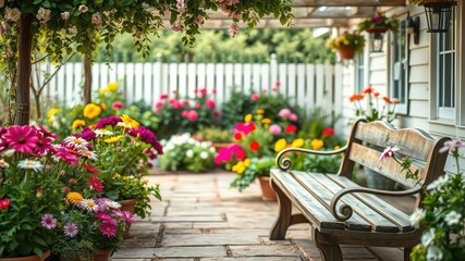 A tranquil summer scene featuring a serene flower-filled patio with a rustic wooden bench and a soft focus effect, natural beauty, summer, serenity