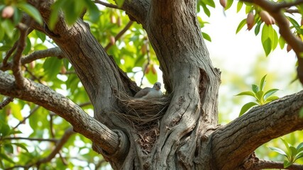 Obraz premium A turtledove's nest peeking out of the gnarled branches of an ancient almond tree with lush greenery surrounding it, branches, forest