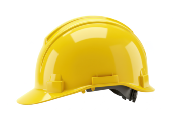 Bright yellow construction helmet with a glossy surface, isolated on white background