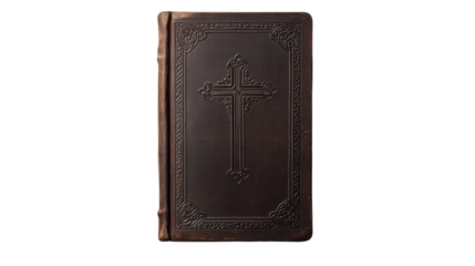 A vintage leather-bound book featuring an embossed cross on its cover, symbolizing faith and religion.