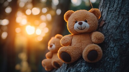 Teddy bears sunset forest tree memory keepsake