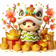 Obraz premium Adorable cartoon snake in a lion dance costume, surrounded by gold ingots and cherry blossoms. Chinese New Year theme
