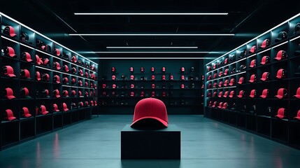 Red baseball cap displayed in modern warehouse store