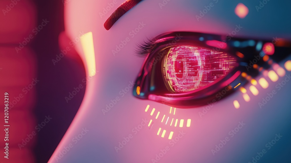Poster close-up of an intelligent robot's eye glowing with digital patterns, placed on a futuristic gradien