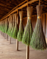 A row of hanging bundles of herbs showcases vibrant greenery in a rustic setting, highlighting an artisanal touch.