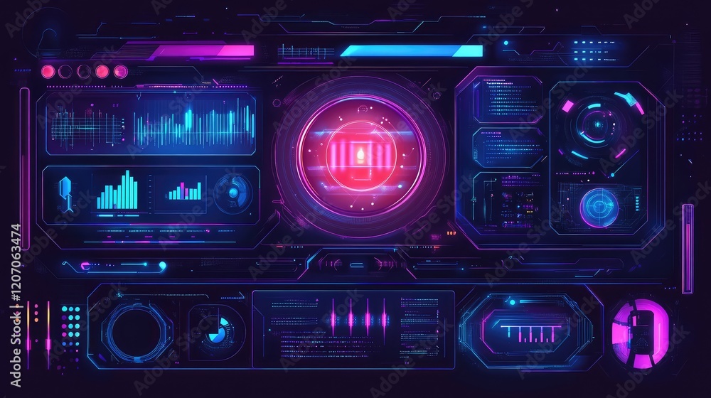 Poster conceptual ai-powered interface of glowing text inputs generating holographic visuals surrounded by 